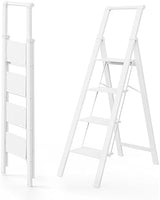 WOA WOA 4 Step Ladder, Ladders for Home, Anti-Slip Pedals, Aluminum Step Stool Foldable, Lightweight to Move, Ease of Storage, Reach 9ft for Closet Kitchen Library, Hold 300lbs - White