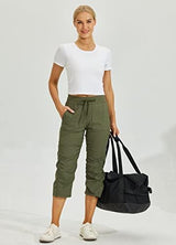 Willit Women's Quick-Dry Capris Hiking Travel Pants Striped Woven Workout Pants with Pockets Lightweight