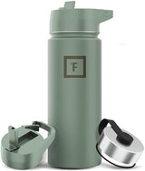 IRON °FLASK Camping & Hiking Hydration Flask with 3 Lids - Stainless Steel, Double Walled & Vacuum Insulated Water Bottle - Leak Proof & BPA Free (Sage, Straw - 18 oz)