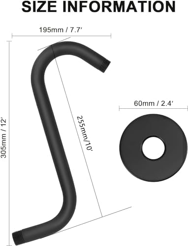 NearMoon S Shaped Shower Head Riser Pipe, Shower Extender Arm with Flange, Standard 1/2" Connection- Bathroom Accessory, 12 Inch (1 Pack, Matte Black)