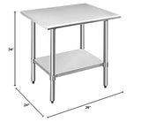 ROCKPOINT Stainless Steel Table for Prep & Work 24x36 Inches, NSF Metal Commercial Kitchen Heavy Duty Table with Adjustable Under Shelf and Table Foot for Restaurant, Home and Hotel
