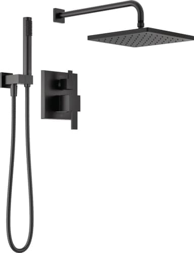 Delta Faucet Modern Raincan 2-Setting Shower Square System Including Rain Shower Head and Handheld Spray Black, Rainfall Shower System Brushed Black, Shower Valve Trim Kit, Matte Black 342701-BL