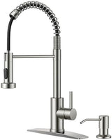 FORIOUS Kitchen Faucet with Soap Dispenser, Brushed Nickel Stainless Steel Spring Sink Faucet with Pull Down Sprayer Transitional Single Handle for Farmhouse Camper Laundry Camper
