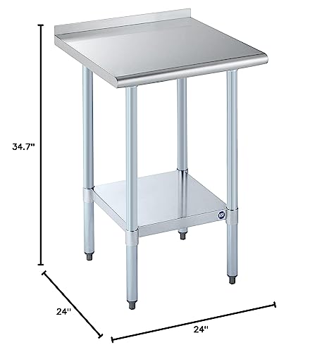 ROCKPOINT Stainless Steel Table for Prep & Work with Backsplash 24x24 Inches, NSF Metal Commercial Kitchen Heavy Duty Table with Adjustable Under Shelf and Table Foot for Restaurant, Home and Hotel