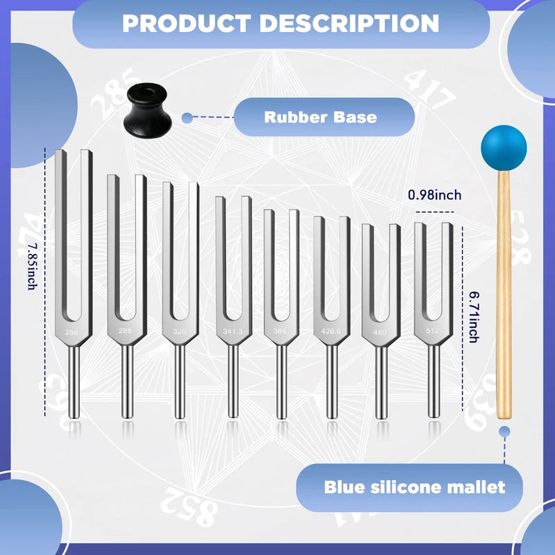 TENFLY Tuning Fork Set of 8 (256 Hz，288 Hz，320 Hz，341.3 Hz，384 Hz，426.6 Hz，480 Hz，512 Hz), Tuning Forks Perfect for Healing, Chakra, Sound Therapy, Keep Body, Mind and Spirit in Perfect Harmony