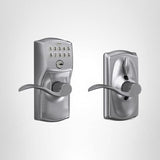 Schlage Camelot Keypad Lock with Lever Handle, Electronic Keyless Door Entry, Flex Lock Auto‑Lock Option, Satin Chrome, FE595 CAM 626 ACC