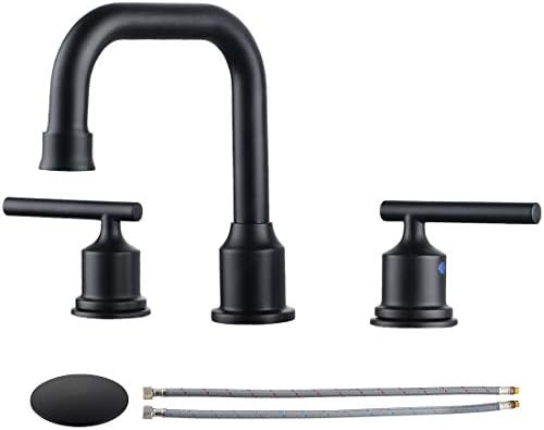 WOWOW Two Handles Widespread 8 inch Bathroom Faucet Black 3 Pieces Basin Faucets 360 Degree Swivel Spout Lavatory Sink Faucet