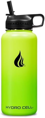 HYDRO CELL Stainless Steel Insulated Water Bottle with Straw - For Cold & Hot Drinks - Metal Vacuum Flask with Screw Cap and Modern Leakproof Sport Thermos for Adults (Neon 32oz)