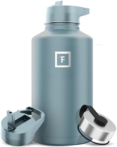 IRON °FLASK Camping & Hiking Hydration Flask with 3 Lids - Stainless Steel, Double Walled & Vacuum Insulated Water Bottle - Leak Proof & BPA Free (Elemental Gray, Straw - 64 oz)