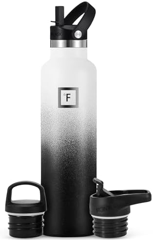 IRON °FLASK Camping & Hiking Hydration Canteens - 3 Lids (Narrow Straw Lid) Leak Proof Vacuum Insulated Stainless Steel - Hot & Cold Double Walled Sports Water Bottle - Day & Night, 24 Oz
