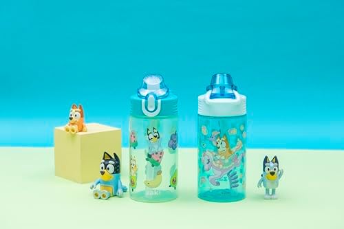 Zak Designs Bluey Sage Kids Water Bottle For School or Travel, 16oz Durable Plastic Water Bottle With Straw, Handle, and Leak-Proof, Pop-Up Spout Cover, 2-Pack Set (Bluey & Bingo)
