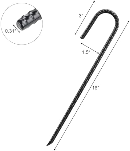 16 Inch Rebar Stakes Heavy Duty, 10 Pack J-Shaped Tent Stakes, Ground Anchor Stakes for Landscaping Plants Fabric Tube Fence, Black