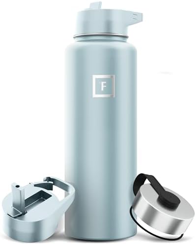 IRON °FLASK Camping & Hiking Hydration Flask with 3 Lids - Stainless Steel, Double Walled & Vacuum Insulated Water Bottle - Leak Proof & BPA Free (Morning Mist, Straw - 40 oz)