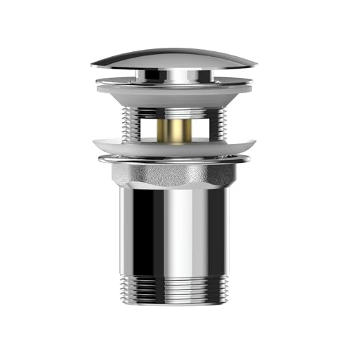 VANCOCO Drain Set Washbasin with Overflow (chrome), Washbasin Drain with Replacement Seal, Push Open Drain Valve, Brass