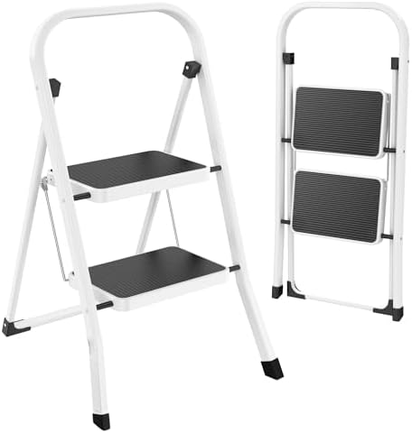 HBTower Step Ladder Folding Step Stool for Adults with Anti-Slip Pedal,330 lbs Capacity for Kitchen, Home,White