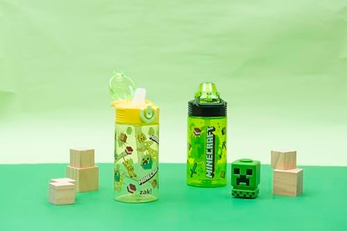 Zak Designs Minecraft Sage Kids Water Bottle For School or Travel, 16oz Durable Plastic Water Bottle With Straw, Handle, and Leak-Proof, Pop-Up Spout Cover, 2-Pack Set (Creeper)