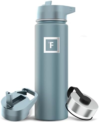 IRON °FLASK Camping & Hiking Hydration Flask with 3 Lids - Stainless Steel, Double Walled & Vacuum Insulated Water Bottle - Leak Proof & BPA Free (Elemental Gray, Straw - 22 oz)