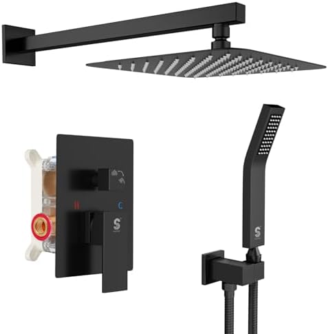 SR SUN RISE Black Square Rainfall Shower Head and Handle Set, Wall Mounted Shower Fixtures, Metal Shower Faucet Trim Repair Kits (With Shower Valve)