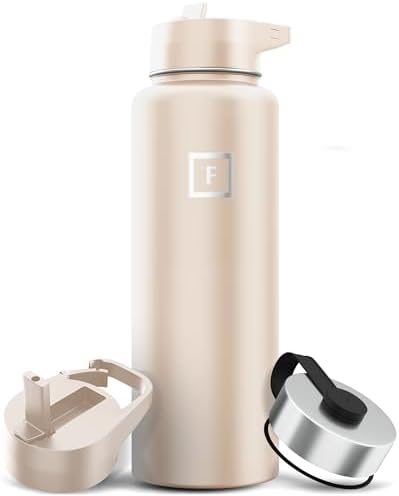 IRON °FLASK Camping & Hiking Hydration Flask with 3 Lids - Stainless Steel, Double Walled & Vacuum Insulated Water Bottle - Leak Proof & BPA Free (Sand, Straw - 40 oz)