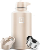 IRON °FLASK Camping & Hiking Hydration Flask with 3 Lids - Stainless Steel, Double Walled & Vacuum Insulated Water Bottle - Leak Proof & BPA Free (Sand, Straw - 64 oz)