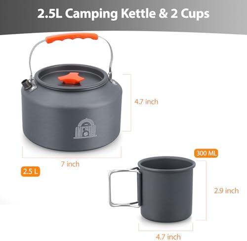 2.5L Camping Kettle Set - Camp Tea Coffee Pot with 2 Cups & Carrying Bag for Outdoor Camping Campfire Hiking Picnic & Backpacking, Gray