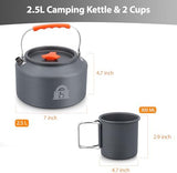2.5L Camping Kettle Set - Camp Tea Coffee Pot with 2 Cups & Carrying Bag for Outdoor Camping Campfire Hiking Picnic & Backpacking, Gray