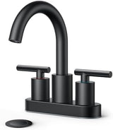 FORIOUS 4 Inch Centerset Bathroom Faucet Black 2 Hole, Two Handle Matte Black Faucet for Bathroom Sink with Metal Dain, 24" Supply Line, and 360° Rotating Spout of 4" Vanity