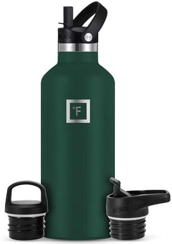 IRON °FLASK Camping & Hiking Hydration Canteens - 3 Lids (Narrow Straw Lid) Leak Proof Vacuum Insulated Stainless Steel - Hot & Cold Double Walled Sports Water Bottle - Dark Pine, 32 Oz