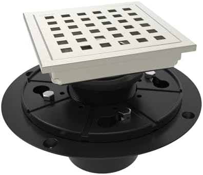 4 Inch Square Shower Floor Drain with Flange,Quadrato Pattern Grate Removable,Food-Grade SUS 304 Stainless Steel,Watermark&CUPC Certified,Brushed Nickel