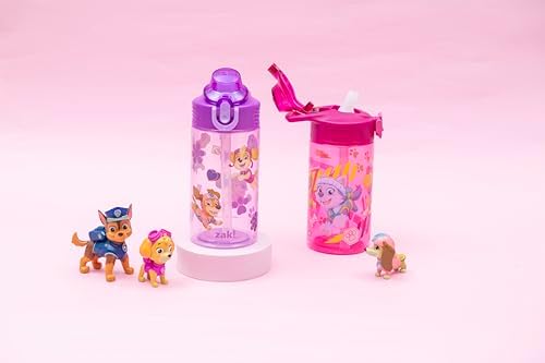 Zak Designs PAW Patrol Sage Kids Water Bottle For School or Travel, 16oz Durable Plastic Water Bottle With Straw, Handle, and Leak-Proof, Pop-Up Spout Cover, 2-Pack Set (Skye & Friends)
