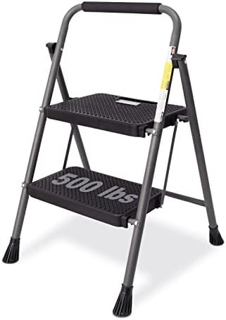 2 Step Ladder, GOLYTON 2 Lightweight Folding Step Stool with Wide Anti-Slip Pedal and Comfort Handgrip, Lightweight 500 lbs Portable Steel Ladder Multi-Use Household and Office, Grey