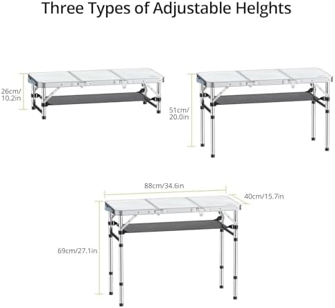 Folding Camping Table with Storage Net, 3ft Camping Table Aluminum Folding Table with 3 Adjustable Height Max 27.1 Inch, Portable, for Outdoor Backyard BBQ, Silver