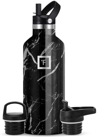 IRON °FLASK Camping & Hiking Hydration Canteens - 3 Lids (Narrow Straw Lid) Leak Proof Vacuum Insulated Stainless Steel - Hot & Cold Double Walled Sports Water Bottle - Black Marquina, 32 Oz