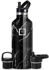 IRON °FLASK Camping & Hiking Hydration Canteens - 3 Lids (Narrow Straw Lid) Leak Proof Vacuum Insulated Stainless Steel - Hot & Cold Double Walled Sports Water Bottle - Black Marquina, 32 Oz