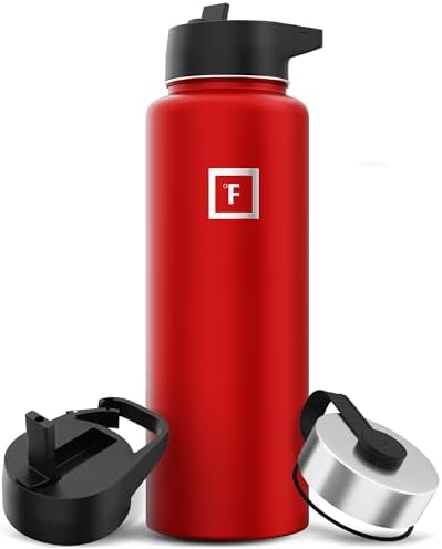 IRON °FLASK Camping & Hiking Hydration Flask with 3 Lids - Stainless Steel, Double Walled & Vacuum Insulated Water Bottle - Leak Proof & BPA Free (Fire Red, Straw - 40 oz)
