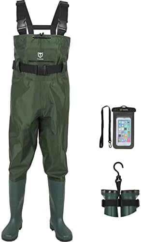 TIDEWE Bootfoot Chest Wader, 2-Ply Nylon/PVC Waterproof Fishing Hunting Waders with Boot Hanger for Men Women Green Brown
