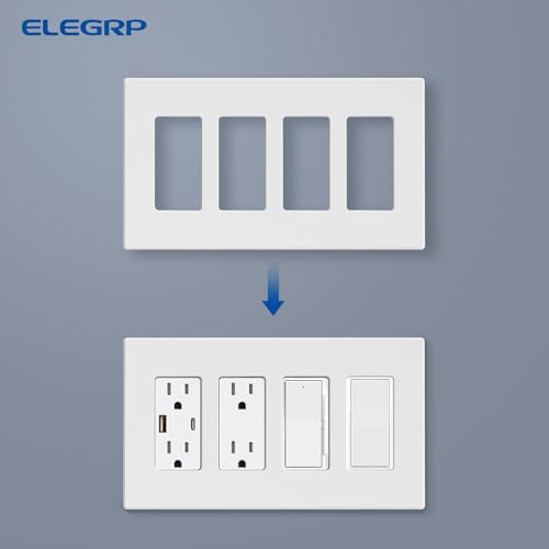 ELEGRP 4-Gang Screwless Decorative Wall Plates, Mid-Size Unbreakable Thermoplastic Faceplate Cover for Decorator Receptacle Outlet Switch, UL Listed (2 Pack, Matte White)