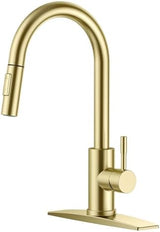 FORIOUS Gold Kitchen Faucet with Pull Down Sprayer, High Arc Modern Classic Sink Faucet Stainless Steel with Deck Fit for 1 or 3 Hole for Pot Filler Bar Farmhouse Laundry Rv, Brushed Champagne Golden