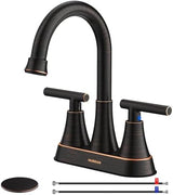Bathroom Faucets for Sink 3 Hole, Hurran 4 inch Oil Rubbed Bronze Bathroom Sink Faucet with Pop-up Drain and Supply Hoses, Stainless Steel Lead-Free Centerset Faucets for Vanity RV