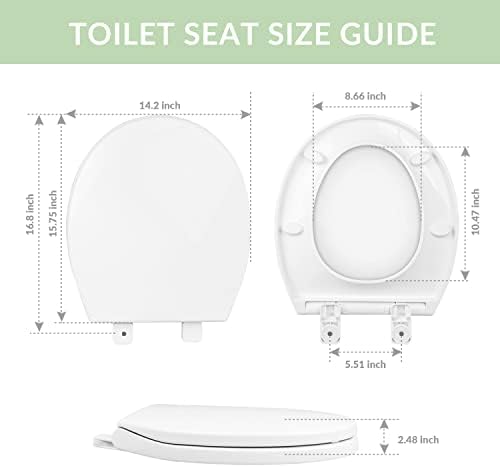 Toilet seat Round with Slow Close Hinges, Four Bumpers, Two Sets of Parts, White Toilet seat Round, Slow Close, Never Loosen and Easily Remove, Plastic, White
