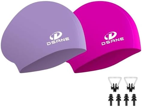 Womens Silicone Swim Cap for Long Hair,3D Ergonomic Design Silicone Swimming Caps for Women Kids Men Adults Boys Girls with Ear Plug and Nose Clip