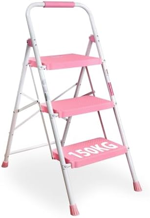 BONTEC 3-Step Ladder, Folding Step Stool, 600lbs Max Load Capacity, Sturdy Steel, Non-Slip Pedals, Lightweight, Portable Steel Ladder with Convenient Handrail, Safety Design for Home & Work, Pink