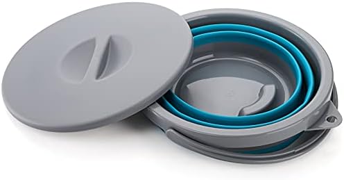 Bekith 2 Pack Collapsible Plastic Bucket with Locking Lid, 5L / 1.32 Gallon Foldable Round Tub Portable Fishing Water Pail for Hiking, Backpacking, Camping and Outdoor Survival (Blue, Gray)