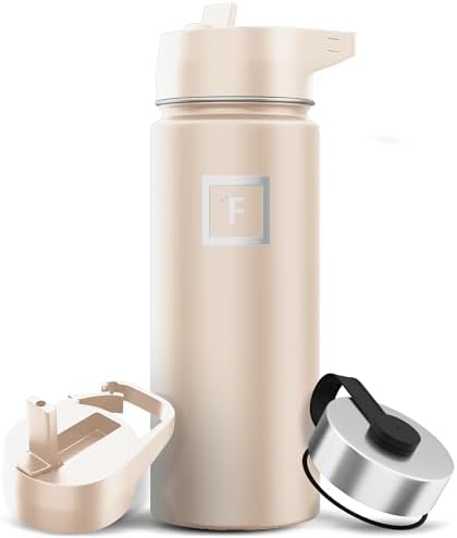 IRON °FLASK Camping & Hiking Hydration Flask with 3 Lids - Stainless Steel, Double Walled & Vacuum Insulated Water Bottle - Leak Proof & BPA Free (Sand, Straw - 18 oz)