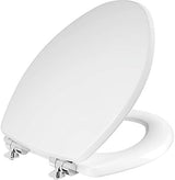 Mayfair Bennett Toilet Seat with Chrome Hinges, Slow Close Wood Seat, Secure Metal Hinges, Easy Install, Made in USA, Elongated, White