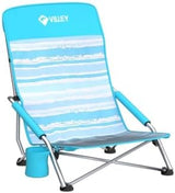 VILLEY Low Beach Chairs for Adults 2 Pack, High Back Folding Beach Chairs, Lightweight and Portable for Outdoor, Beach, Camping, Lawn, Music Festival, with Cup Holder and Carry Bag-Blue Stripes