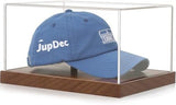 JupDec Hat Display Case, Clear Acrylic Baseball Cap Display Box Stand, UV Protection Signed Hat Transparent Showcase with Solid Wood Base Risers & Hat Shaper, Ideal Gift for Caps Collector