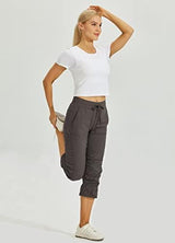 Willit Women's Quick-Dry Capris Hiking Travel Pants Striped Woven Workout Pants with Pockets Lightweight