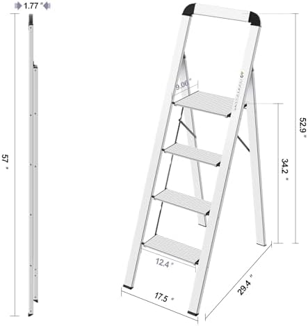 KINGRACK Aluminium 4 Step Ladder, Lightweight Step Stool with Non-Slip Pedals, Handrail, Foldable Step Ladder for Kitchen, Garage, Home, Space Saving, Sturdy and Portable, Silver