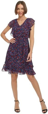 Tommy Hilfiger Women's Ruffle Trim Tie Waist Chiffon Mini Dress